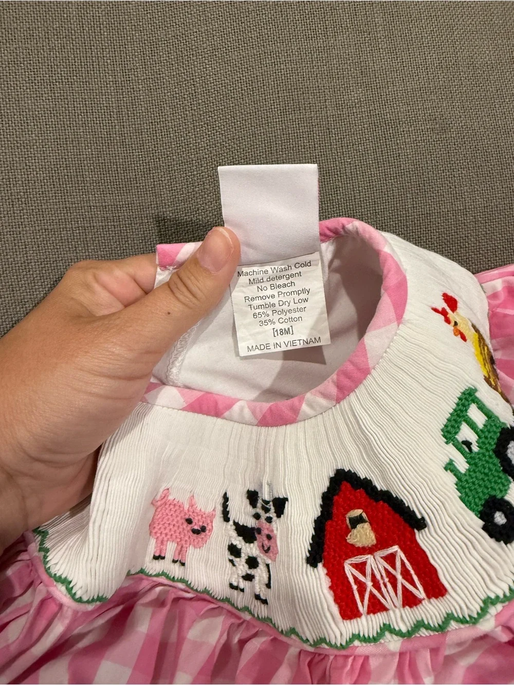 Stitchy Fish Pink Gingham Smocked Farm Dress